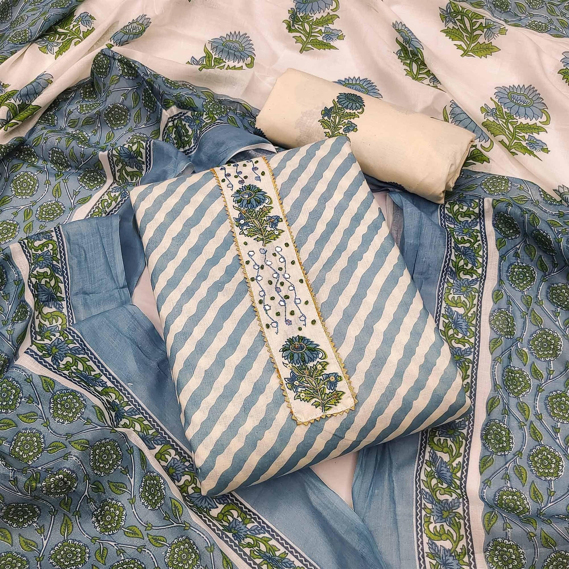 Grey Stripe Printed With Embellished Cotton Dress Material