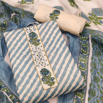 Grey Stripe Printed With Embellished Cotton Dress Material