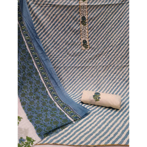 Grey Stripe Printed With Embellished Cotton Dress Material