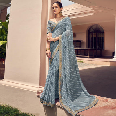 Grey Striped Printed Georgette Saree