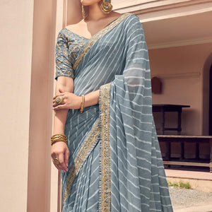 Grey Striped Printed Georgette Saree