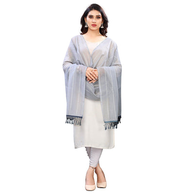 Grey Stripes Woven Sequins Festive Wear Cotton Silk Dupatta