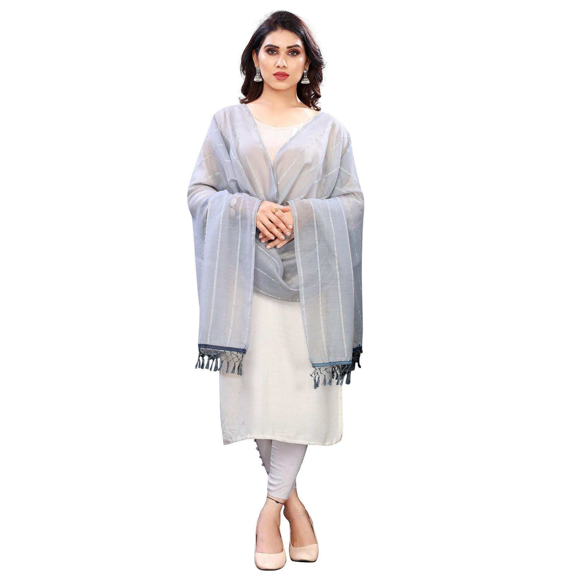 Grey Stripes Woven Sequins Festive Wear Cotton Silk Dupatta