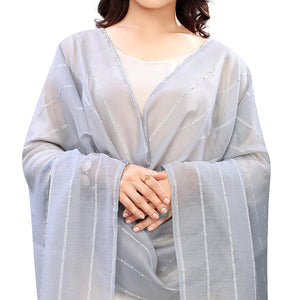 Grey Stripes Woven Sequins Festive Wear Cotton Silk Dupatta