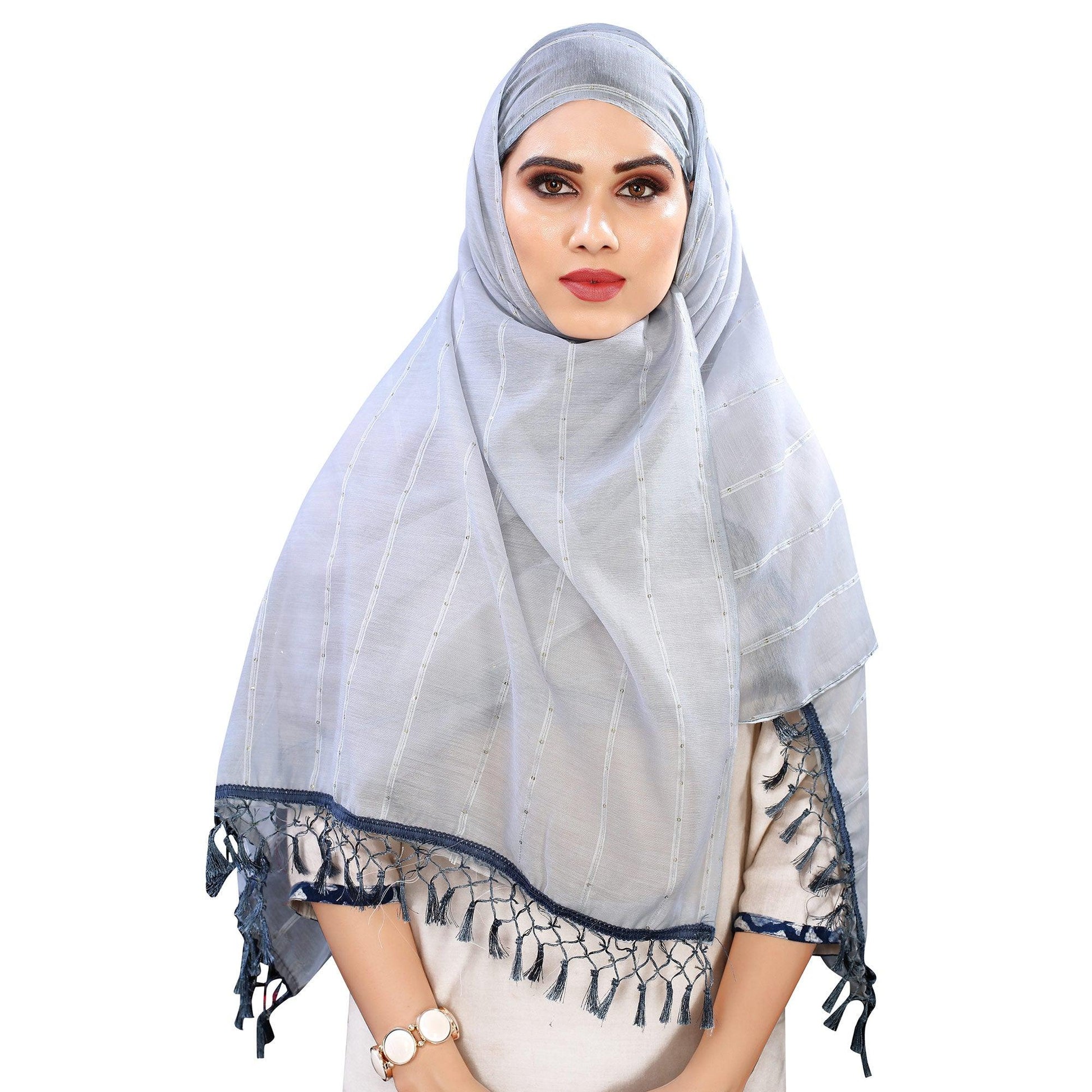Grey Stripes Woven Sequins Festive Wear Cotton Silk Dupatta