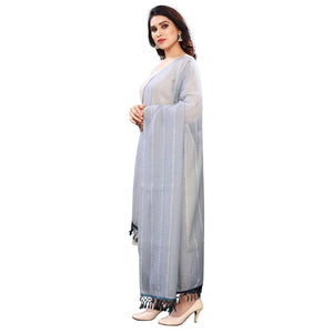 Grey Stripes Woven Sequins Festive Wear Cotton Silk Dupatta