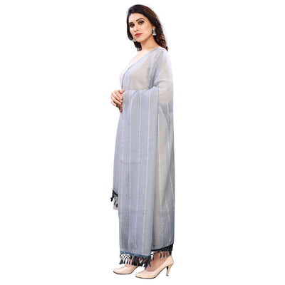 Grey Stripes Woven Sequins Festive Wear Cotton Silk Dupatta