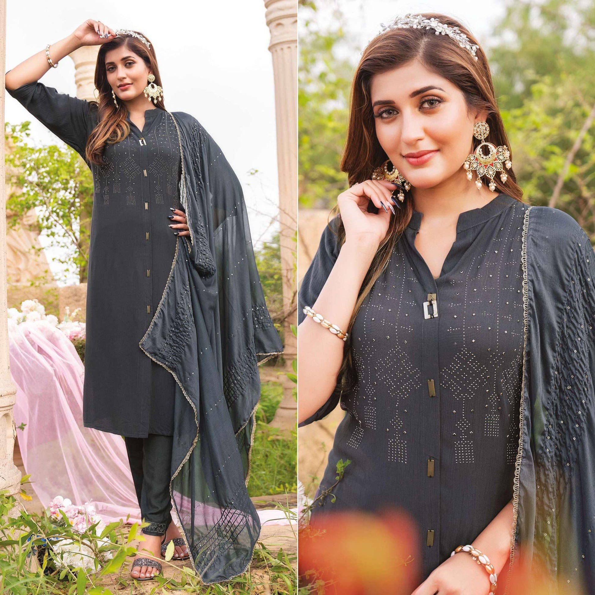 Grey Swarovski Work Rayon Salwar Suit