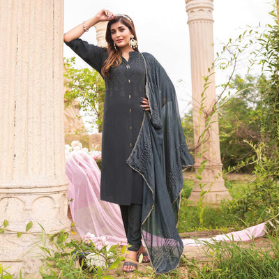 Grey Swarovski Work Rayon Salwar Suit