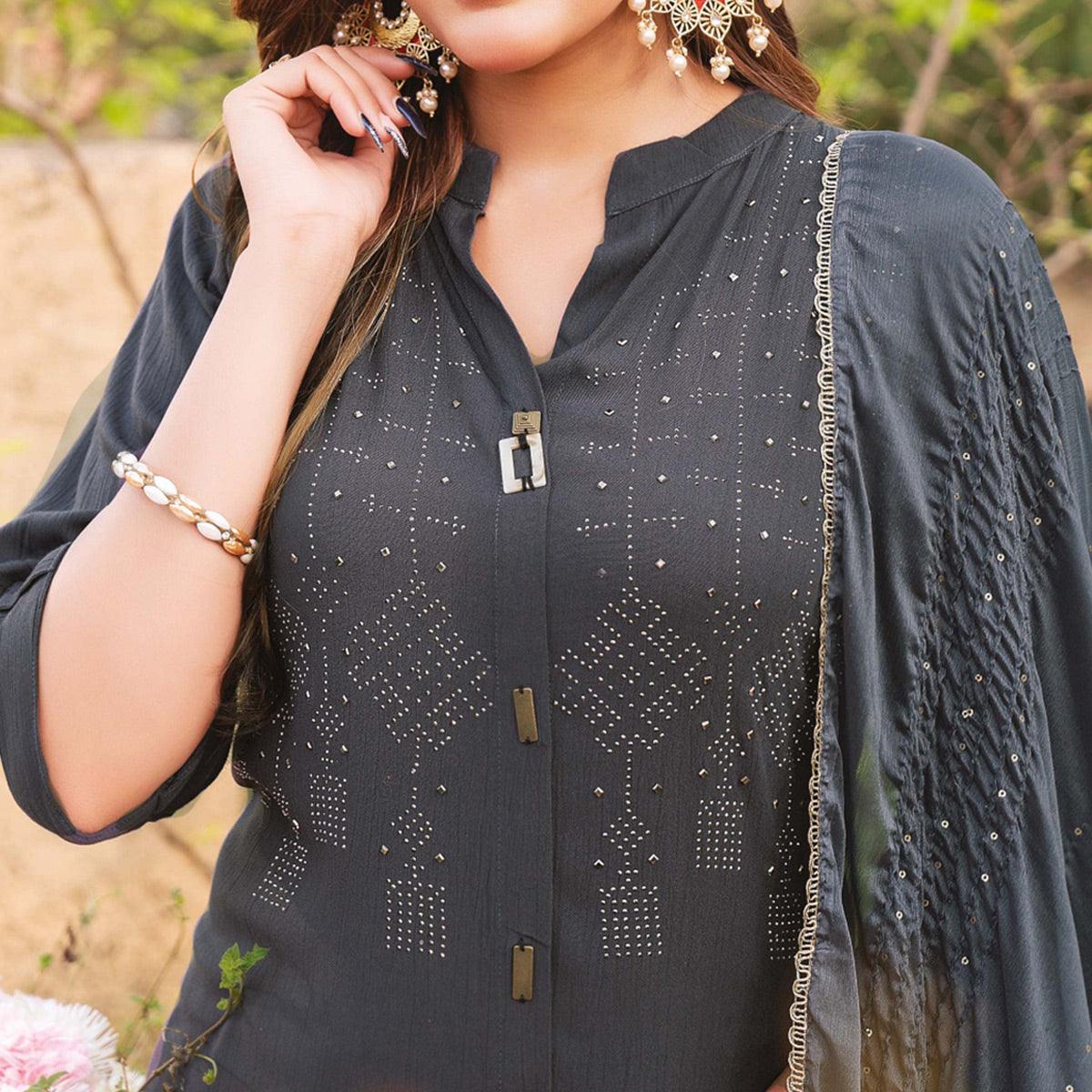 Grey Swarovski Work Rayon Salwar Suit