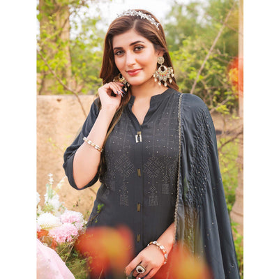 Grey Swarovski Work Rayon Salwar Suit