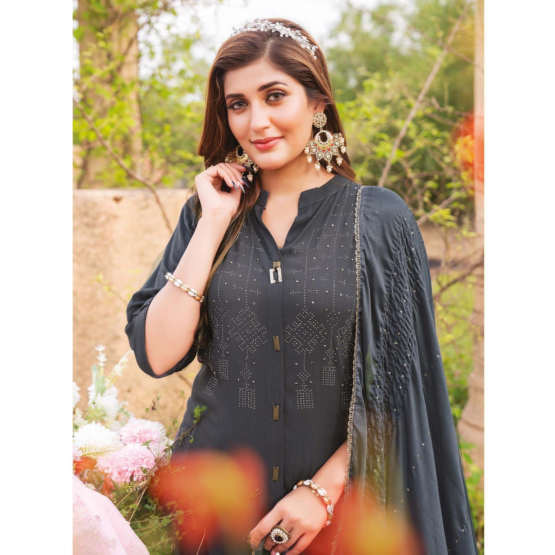 Grey Swarovski Work Rayon Salwar Suit