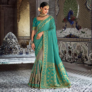 Grey-Turquoise Festive Wear Woven Banarasi Silk Half & Half Saree