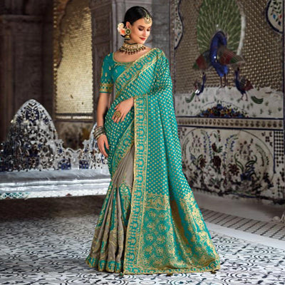 Grey-Turquoise Festive Wear Woven Banarasi Silk Half & Half Saree