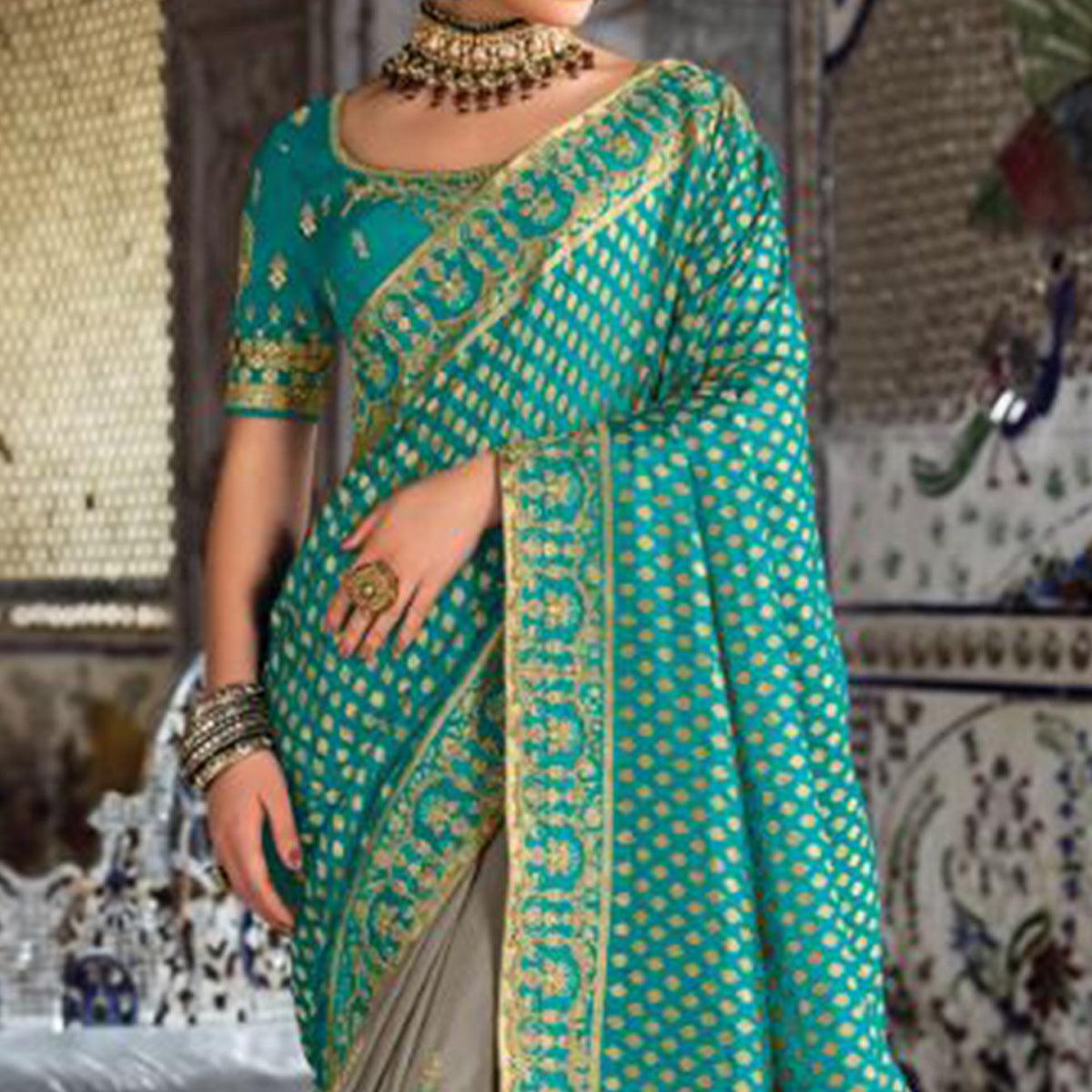 Grey-Turquoise Festive Wear Woven Banarasi Silk Half & Half Saree