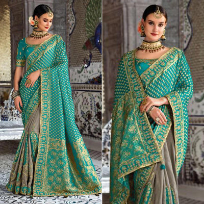 Grey-Turquoise Festive Wear Woven Banarasi Silk Half & Half Saree