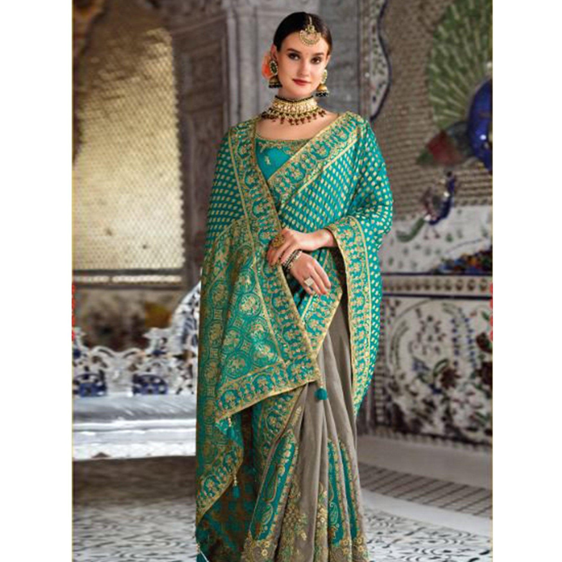 Grey-Turquoise Festive Wear Woven Banarasi Silk Half & Half Saree