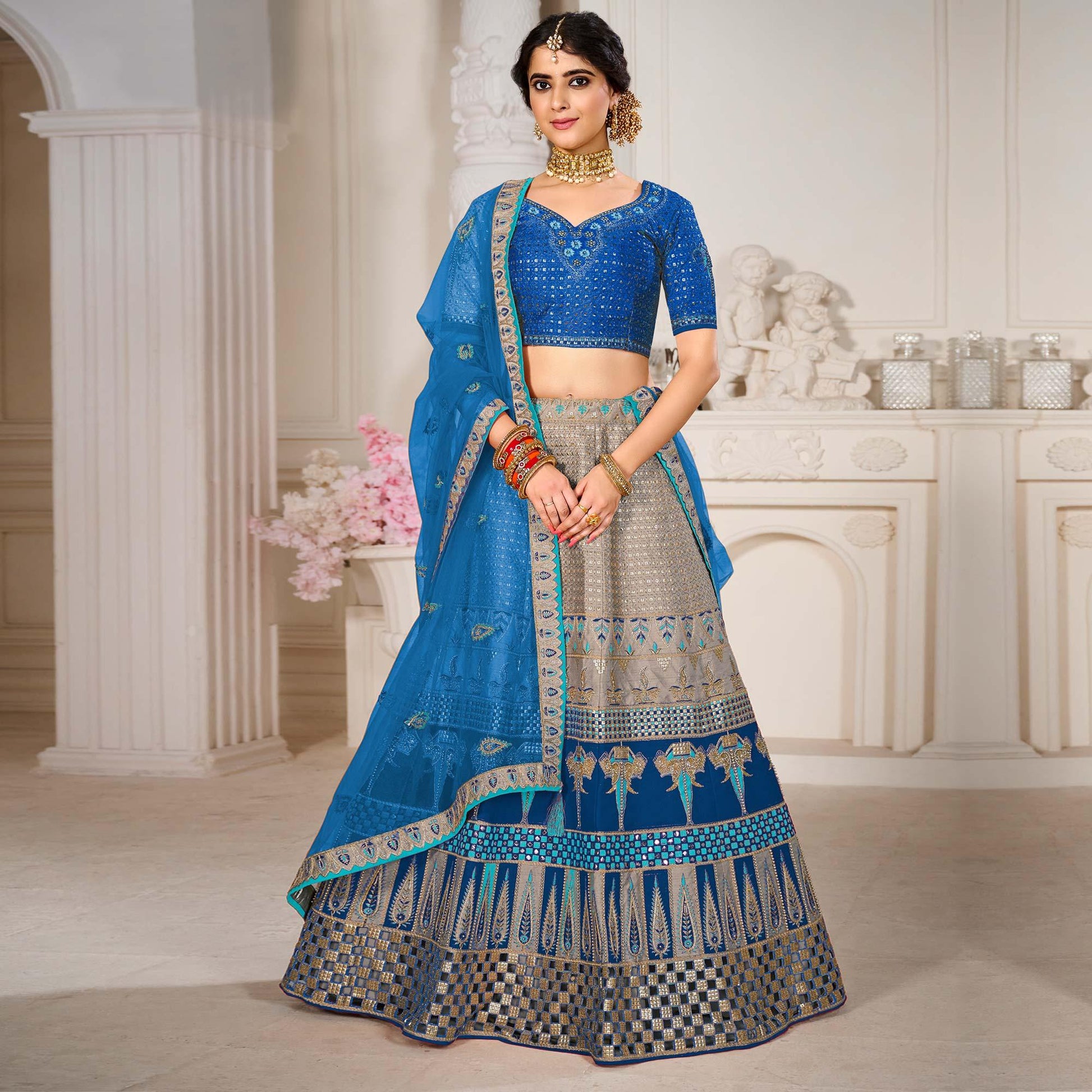 Grey Wedding Wear Embroidered Silk Lehenga Choli