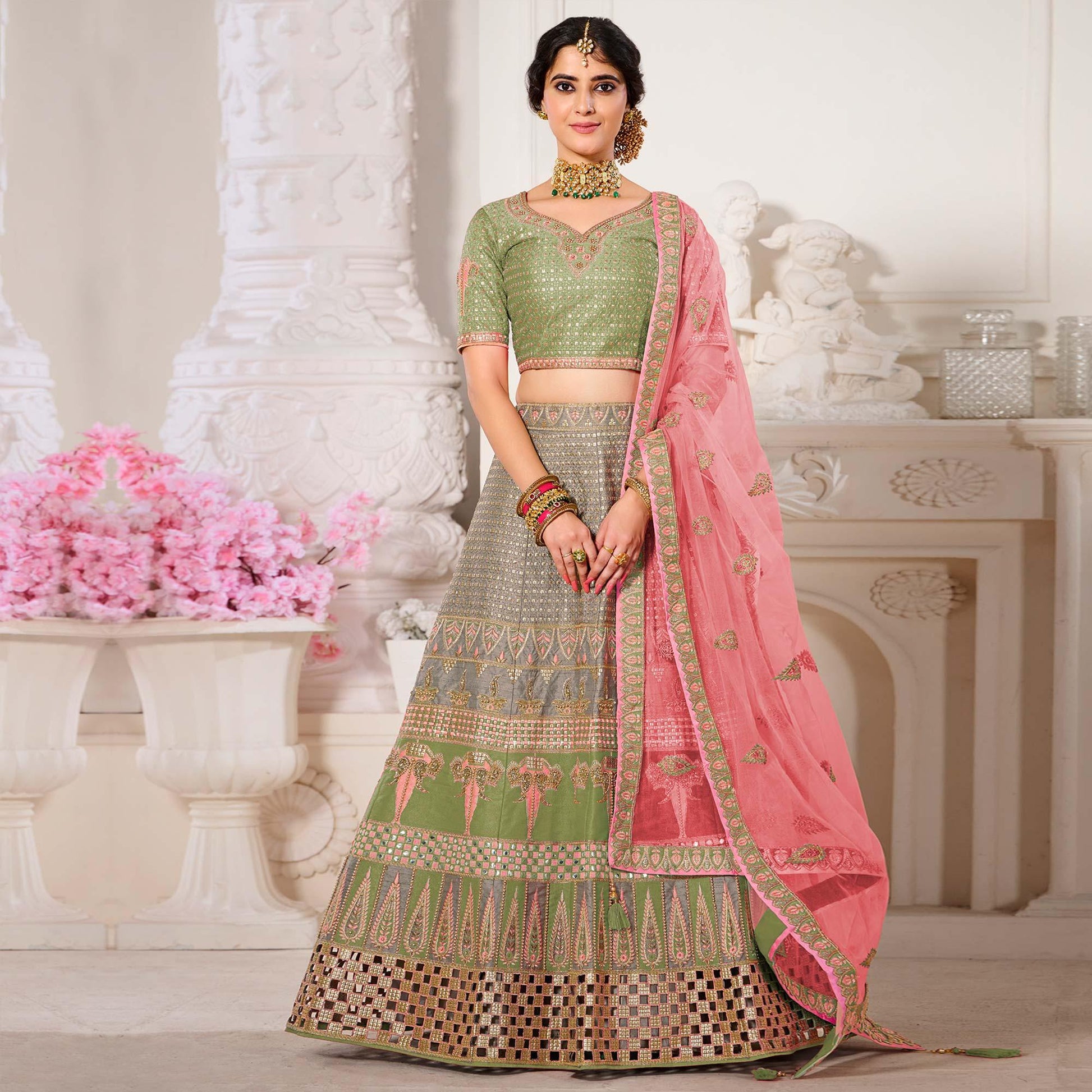 Grey Wedding Wear Embroidered Silk Lehenga Choli