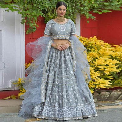 Grey Wedding Wear Floral Embroidery & Resham Work Silk Lehenga Choli
