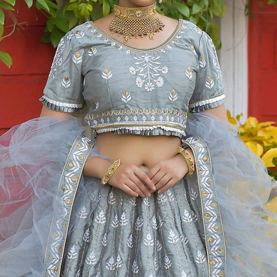 Grey Wedding Wear Floral Embroidery & Resham Work Silk Lehenga Choli