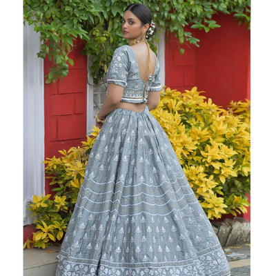 Grey Wedding Wear Floral Embroidery & Resham Work Silk Lehenga Choli