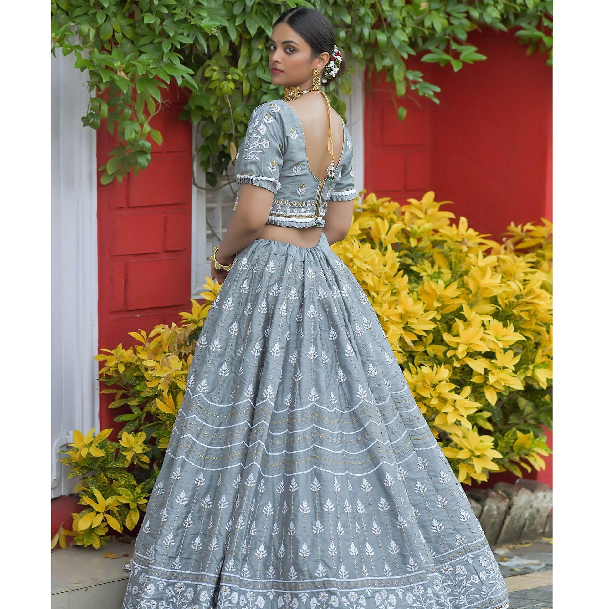Grey Wedding Wear Floral Embroidery & Resham Work Silk Lehenga Choli
