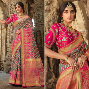 Grey Wedding Wear Woven Silk Saree With Tassels