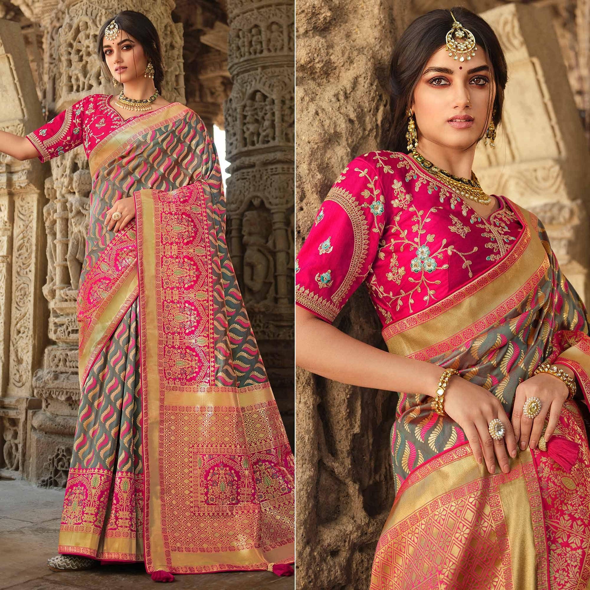 Grey Wedding Wear Woven Silk Saree With Tassels