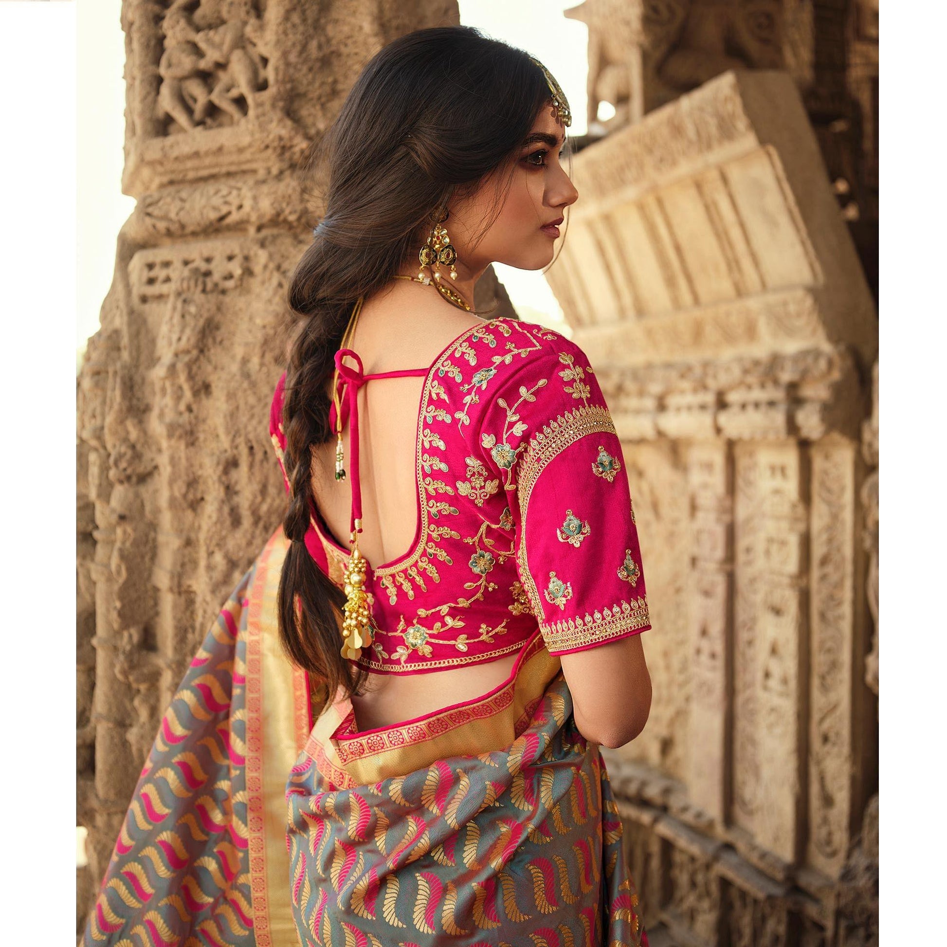 Grey Wedding Wear Woven Silk Saree With Tassels