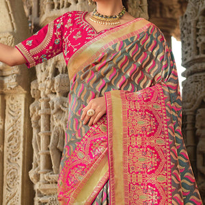 Grey Wedding Wear Woven Silk Saree With Tassels