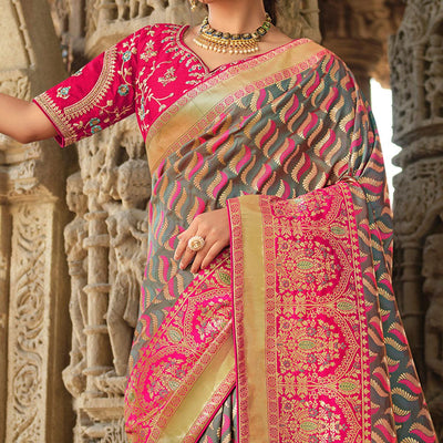 Grey Wedding Wear Woven Silk Saree With Tassels