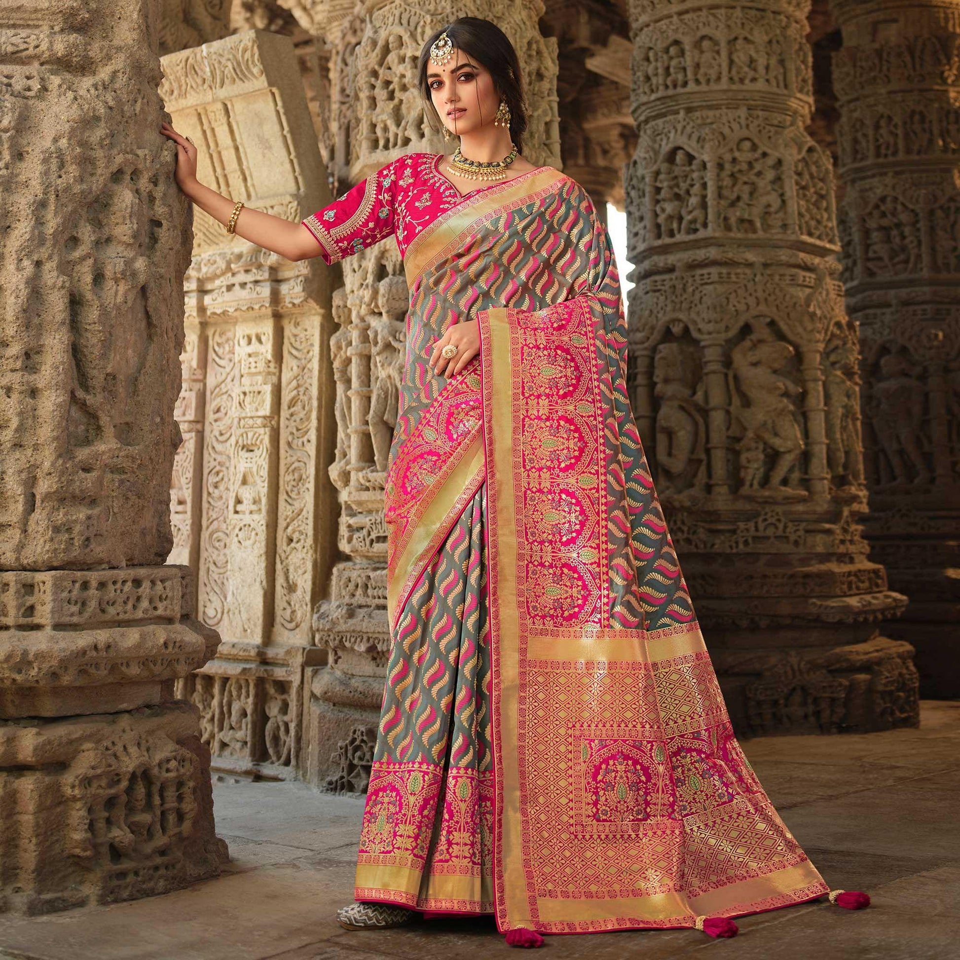 Grey Wedding Wear Woven Silk Saree With Tassels