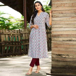 Grey-White Casual Wear Floral Printed Pure Cotton Kurti