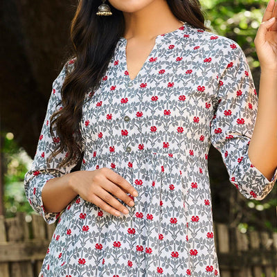 Grey-White Casual Wear Floral Printed Pure Cotton Kurti