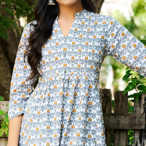 Grey-White Casual Wear Floral Printed Pure Cotton Kurti