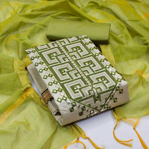 Grey With Green Embroidered Cotton Blend Dress Material
