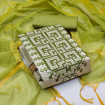 Grey With Green Embroidered Cotton Blend Dress Material
