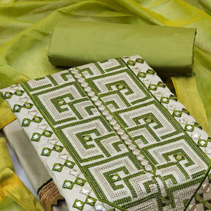 Grey With Green Embroidered Cotton Blend Dress Material