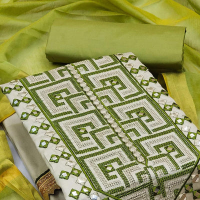 Grey With Green Embroidered Cotton Blend Dress Material