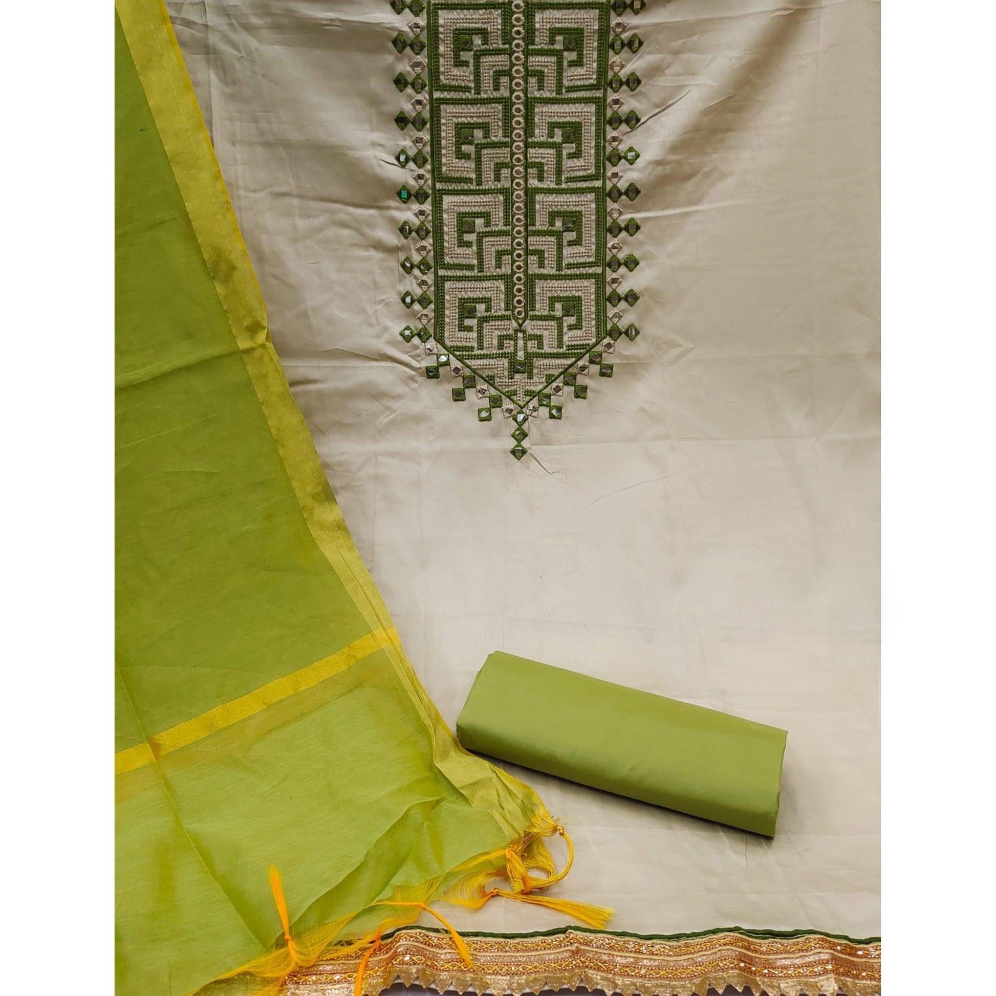 Grey With Green Embroidered Cotton Blend Dress Material