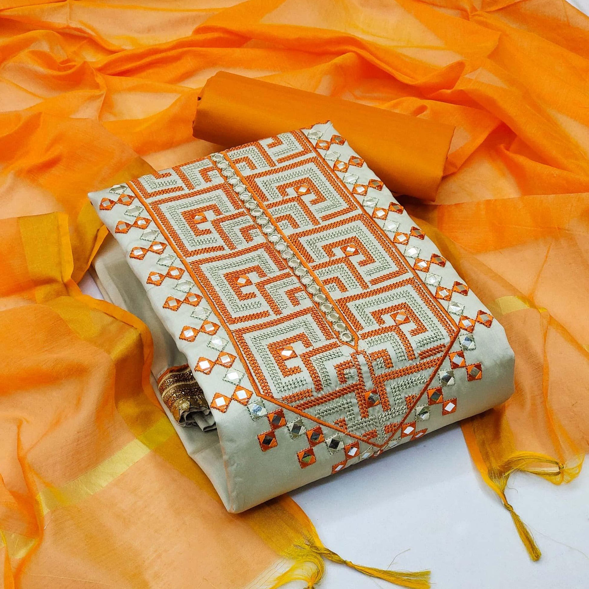 Grey With Orange Embroidered Cotton Blend Dress Material