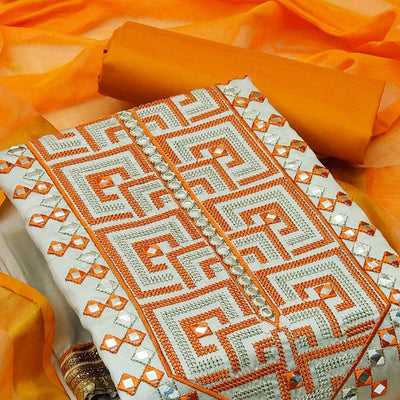 Grey With Orange Embroidered Cotton Blend Dress Material