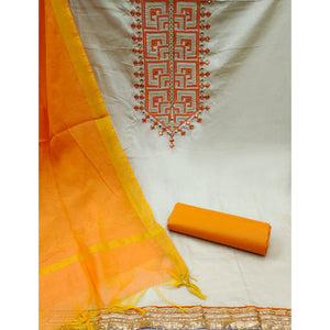Grey With Orange Embroidered Cotton Blend Dress Material