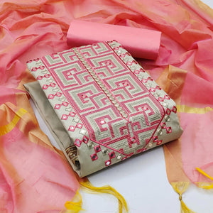 Grey With Pink Embroidered Cotton Blend Dress Material