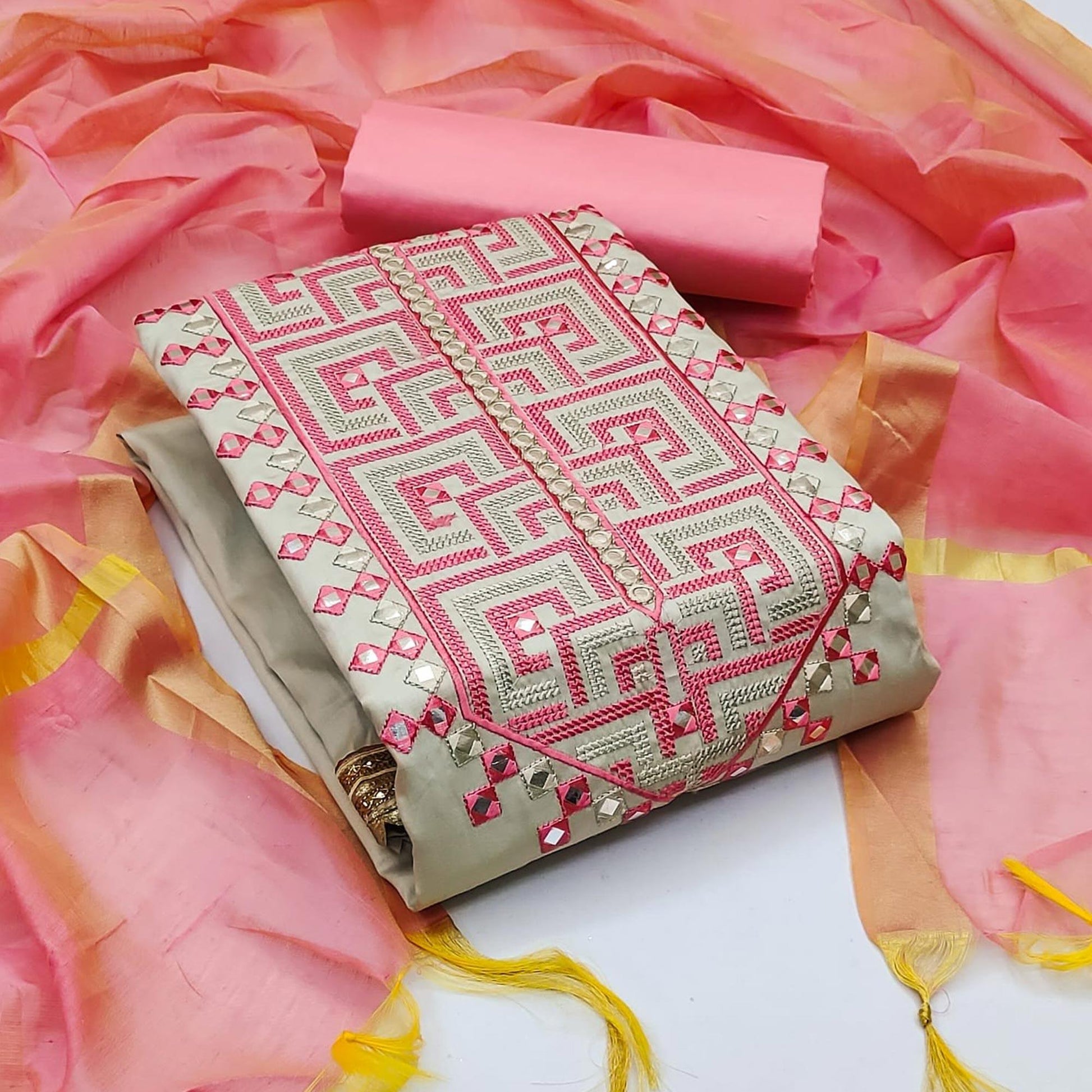 Grey With Pink Embroidered Cotton Blend Dress Material