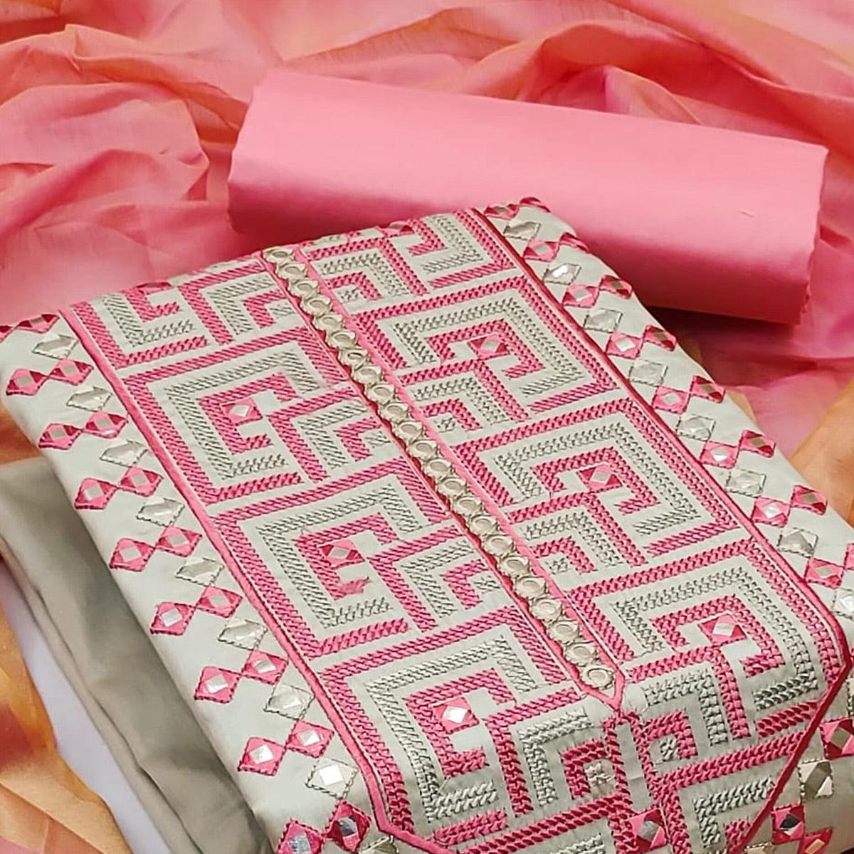 Grey With Pink Embroidered Cotton Blend Dress Material
