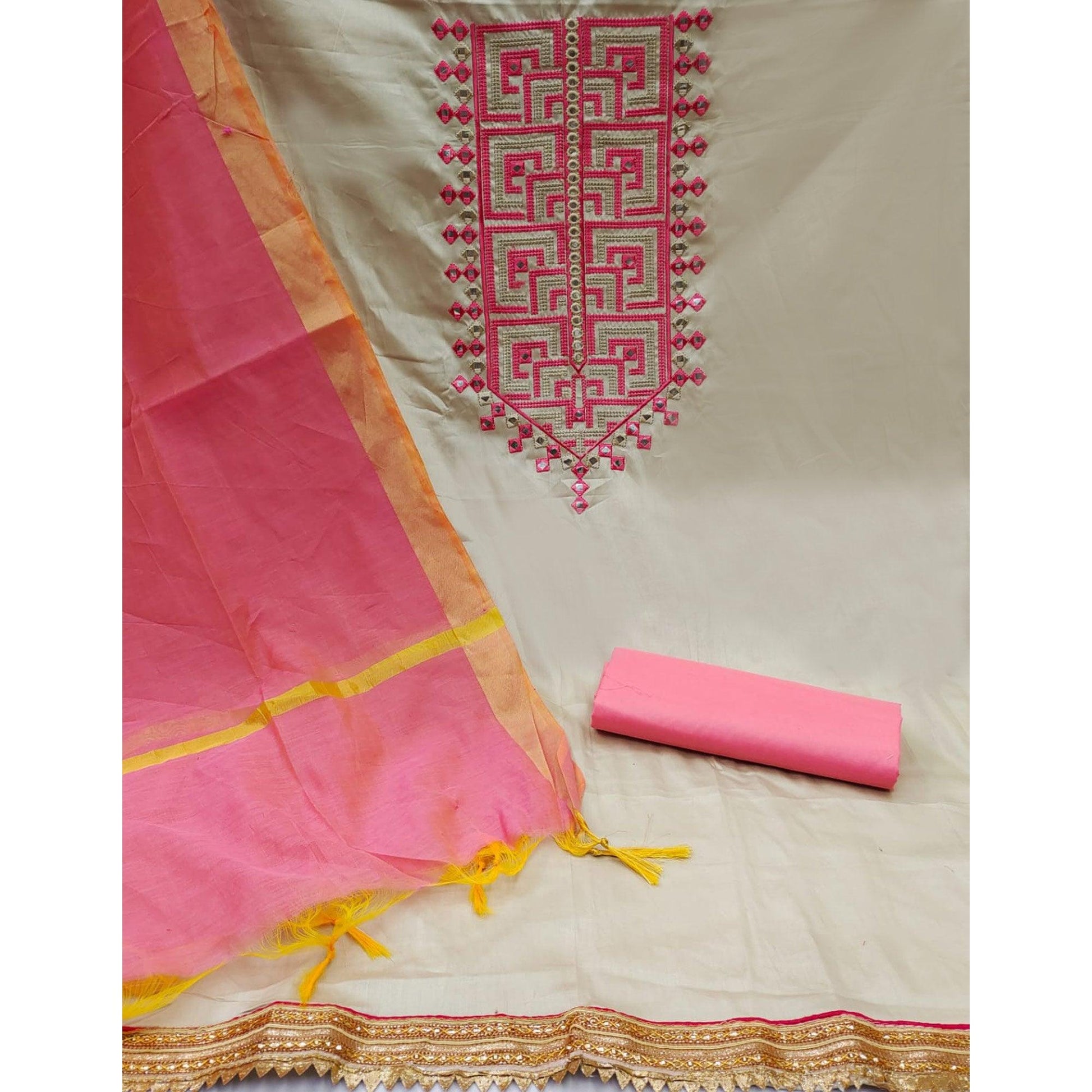 Grey With Pink Embroidered Cotton Blend Dress Material