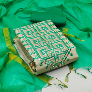 Grey With Rama Green Embroidered Cotton Blend Dress Material