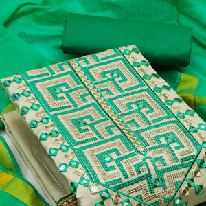 Grey With Rama Green Embroidered Cotton Blend Dress Material